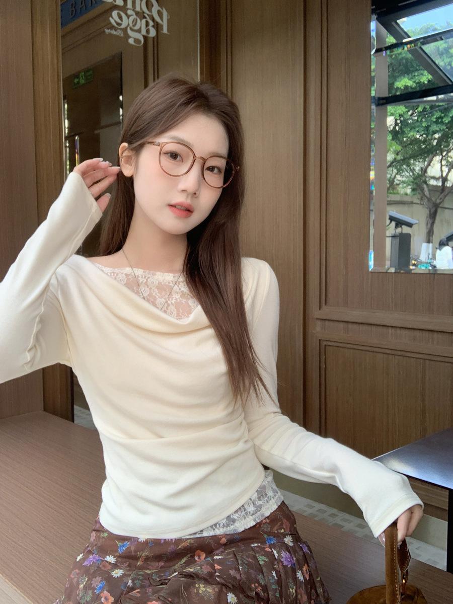 

White swinging neck lace fake two-piece long-sleeved T-shirt women s early autumn wear with bottoming shirt and slim waist top XL абрикосовий