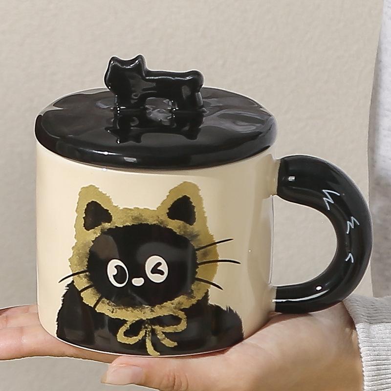 Cute Hat Cat Mug with Lid Cute Cartoon Animal Ceramic Cup Office Home Coffee Water Cup