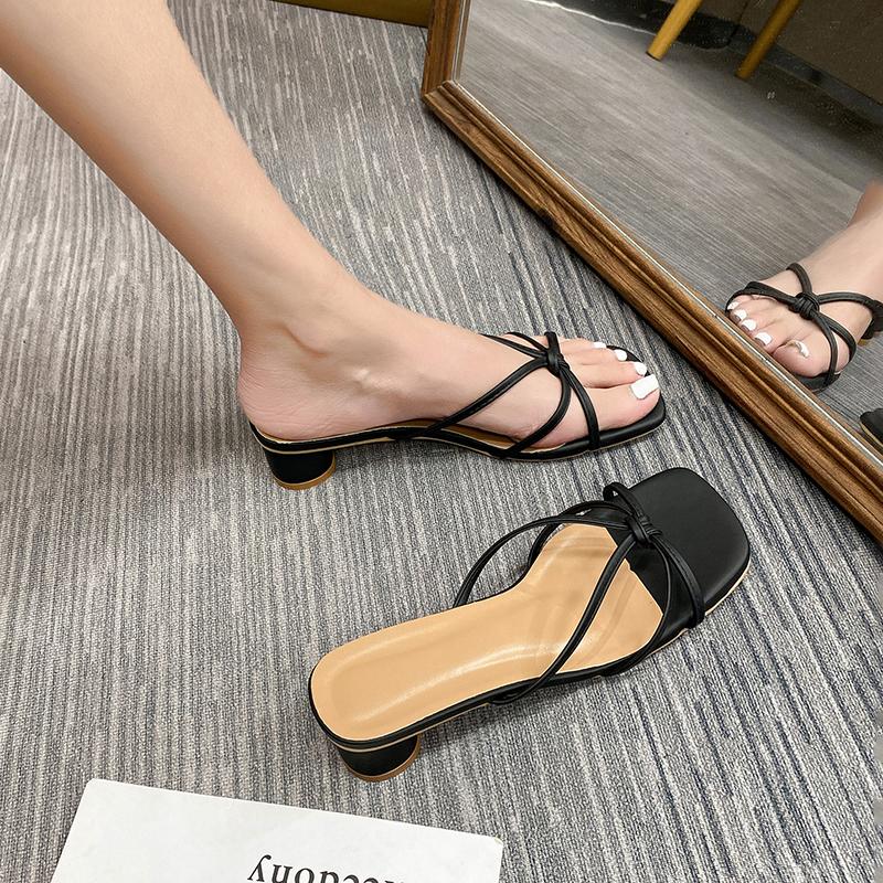 Fashion High Heels Comfortable New Summer Solid Leather Slippers Female Shoes Women Shoes Woman Fashion Cool Mules Slides Flip Flops