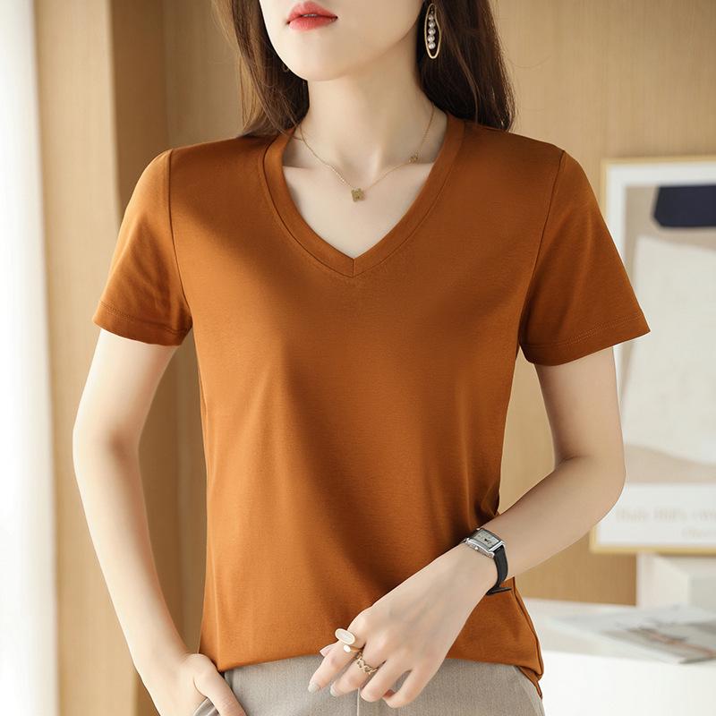 Women's V-Neck Mercerized Cotton Short-Sleeve T-Shirt - 2025 Summer Collection, Sweetheart Neckline