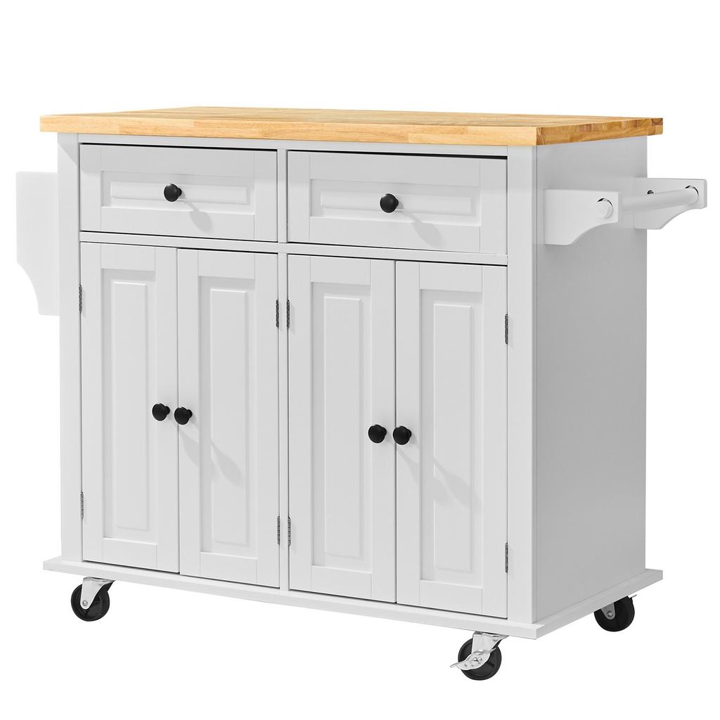 VEVOR Kitchen Island Cart with Solid Wood Top, 90 cm Width Mobile Carts with Storage Cabinet, Rolling Kitchen Table with Spice Rack, Towel Rack