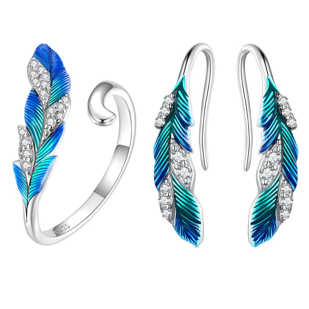 Dazzling Blue Feather Earrings, Ring Jewelry Set, Exotic Ethnic Style S925 Sterling Silver Earrings.