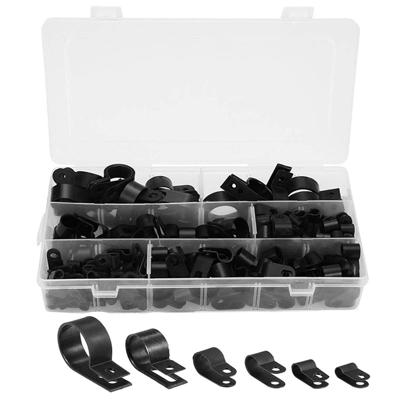 

200Pcs Nylon Plastic R-Type Cable Clamps 3/16 1/4 3/8 1/2 3/4 1 Clips Fasteners Assortment for Cable One Size чорний