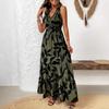 Nuovo Abito Lungo Estivo da Donna con Scollo a V Senza Maniche Stampa Foglie Boho Vita Intrecciata Orlo Arricciato Casual da Spiaggia