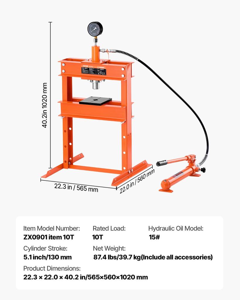 VEVOR Hydraulic Shop Press, 10 T H-Frame Shop Press with Press Plate & H-shaped Base