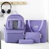 Four-Piece Backpack Set Girls Large Capacity Backpack Solid Color Junior High School Student School Bag