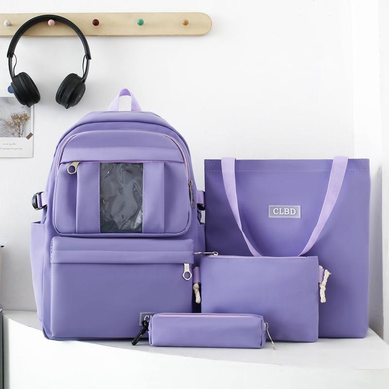 Four-Piece Backpack Set Girls Large Capacity Backpack Solid Color Junior High School Student School Bag