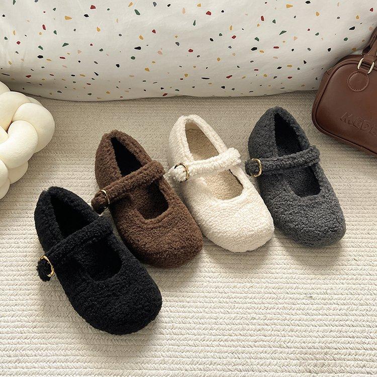 thick-soled white plush shoes women's shoes wear 2025 new autumn and winter Mary Jane single shoes plush cotton shoes women