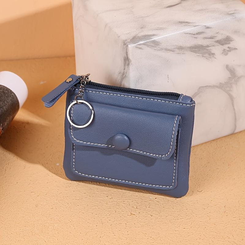 Casual Style Zip Wallet With A Keychain Solid Color Coin Purse Mini Card Holder Key Pouch And Wet Wipes For Cleaning