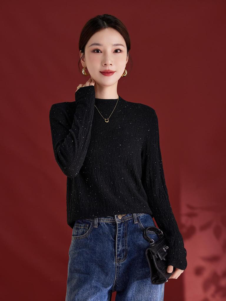 Women's Fashionable Sequin Yarn Wool Cardigan, Slim Fit Round Neck Sweater