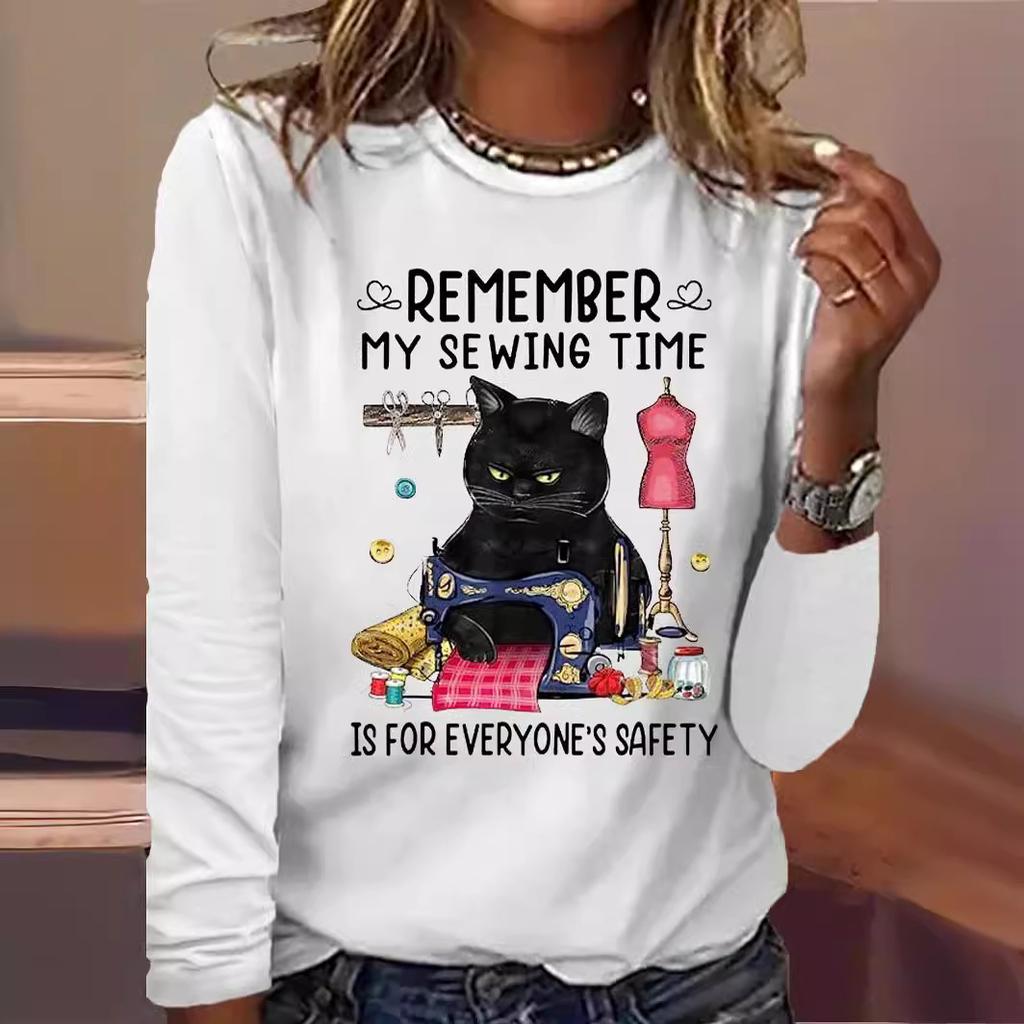 Okrągły dekolt 3D nadruk zabawny kot wzór top modny casual długi rękaw damskie koszulki