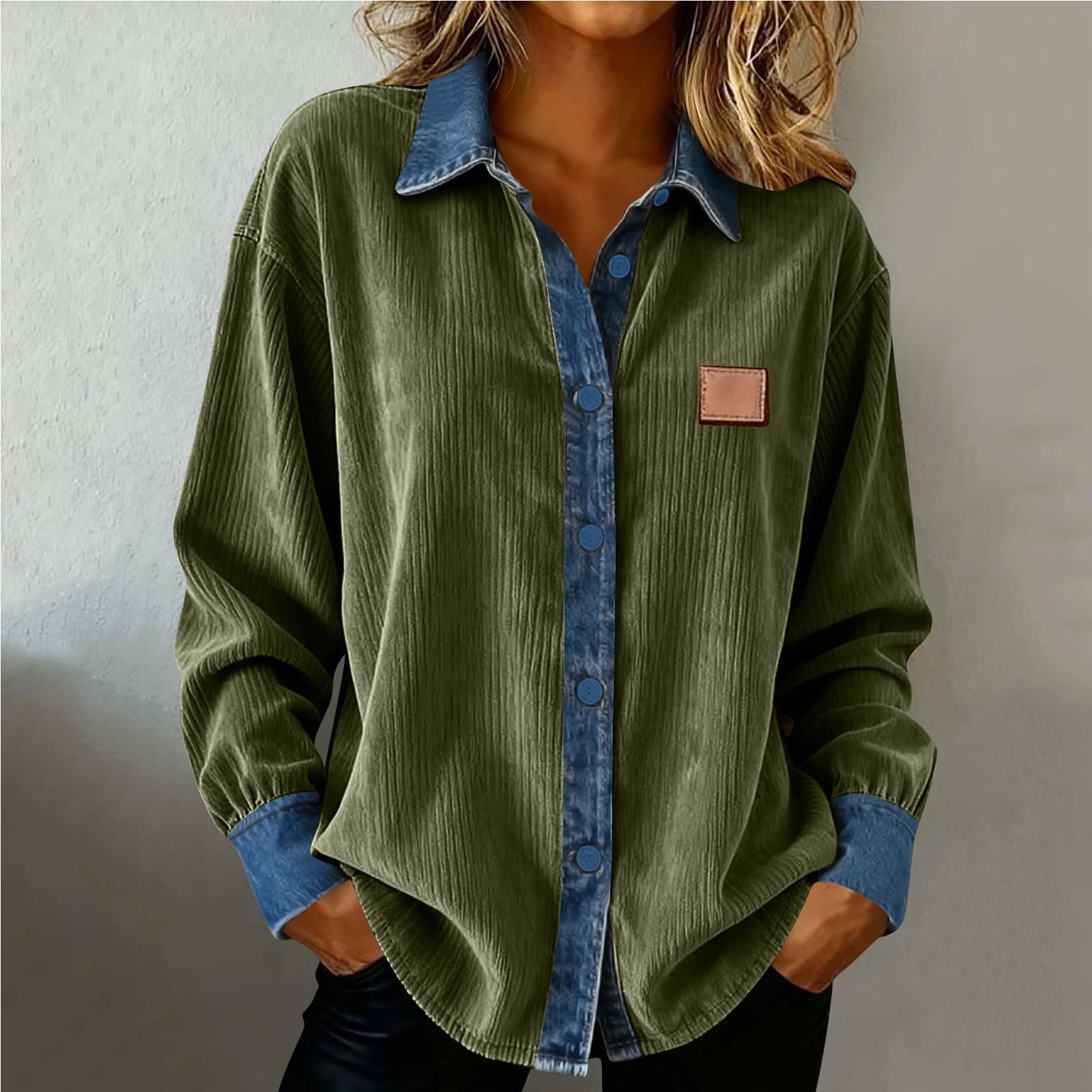 

Women s Loose-Fit Long-Sleeve Shirt: Button-Up Top With Denim And Ribbed Panel Splicing XL зелений