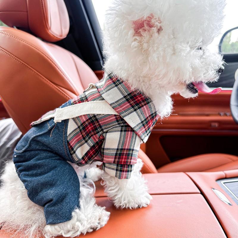 Pet Winter Warm Cotton Outfit Dogs Cats Red Plaid Suspender Pants Soft Fleece Lined Casual Wear
