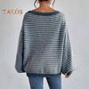 Women Sweater Off Shoulder Oversized Long Sleeve Knit Pullover Top Loose Fit Striped Print Soft Stretchy Knitting Tops