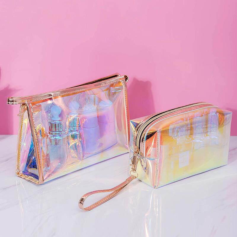 Borsa Trasparente Impermeabile in PVC per Cosmetici, Necessaire, Organizer per Trucco, Colore Laser, Cerniera, Lavabile, Beauty Case