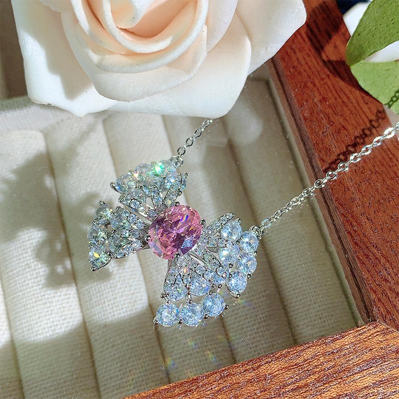 Set Necklace Earrings Ring Girl's Heart Pink Diamond Clear Sweet Light Luxury Versatile Premium Women's Jewelry