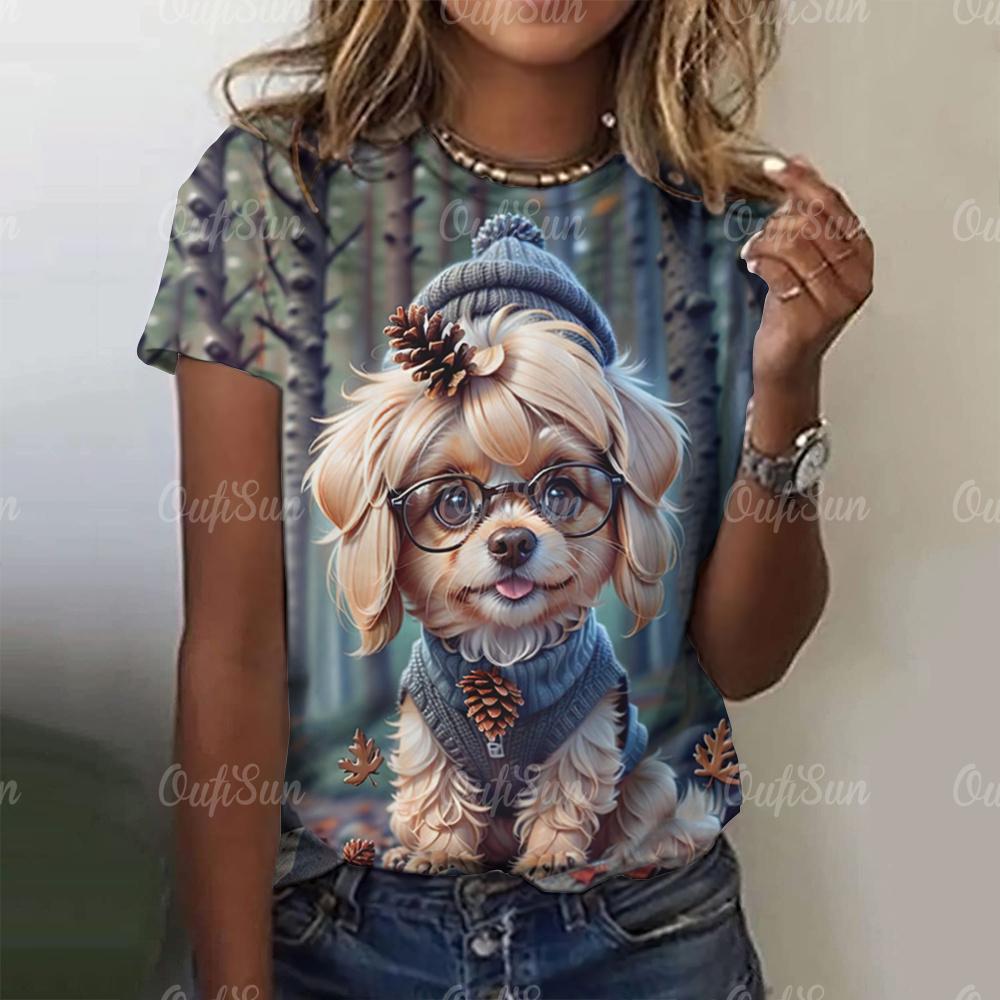 Kawaii Puppy Print Damen T-Shirt Harajuku Kleidung für Damen Casual Style Kurzarm T-Shirts Rundhals Hundert Streetwear Tops