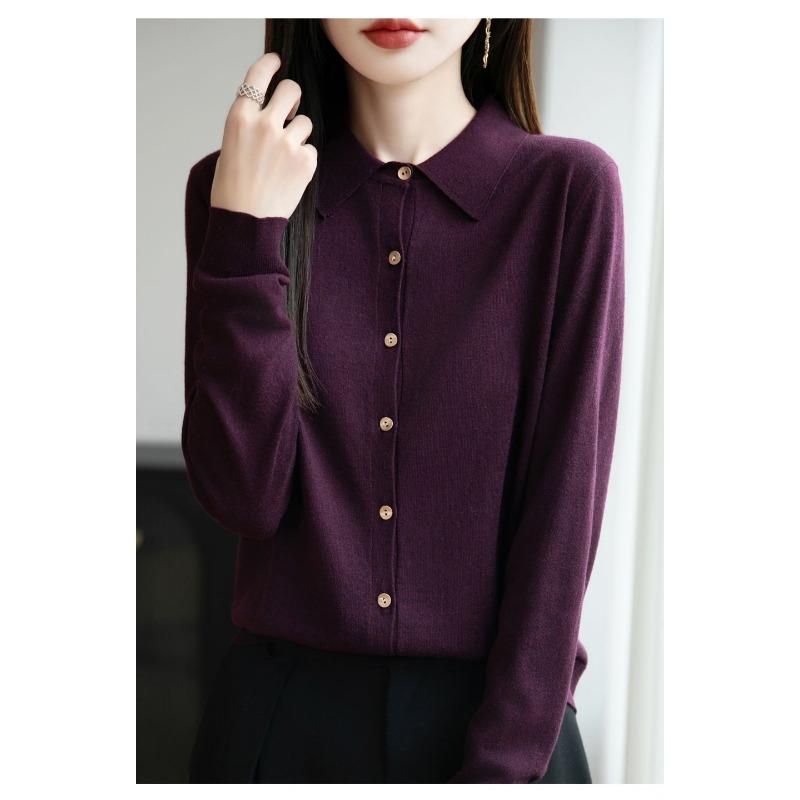 French POLO Collar Knitted Cardigan Feminine Long-sleeved Lapel Shirt Versatile Base Layer Top