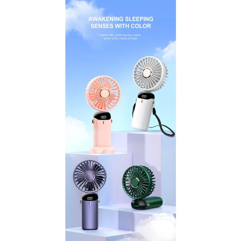 Mini ventilator portabil USB, pliabil, portabil, agățat pentru gât, ventilator reîncărcabil prin USB cu 5 viteze, cu suport pentru telefon și ecran de afișare