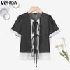 VONDA Women Casual Short Sleeve Lace Patchwork Bow Knot Cropped Blouse