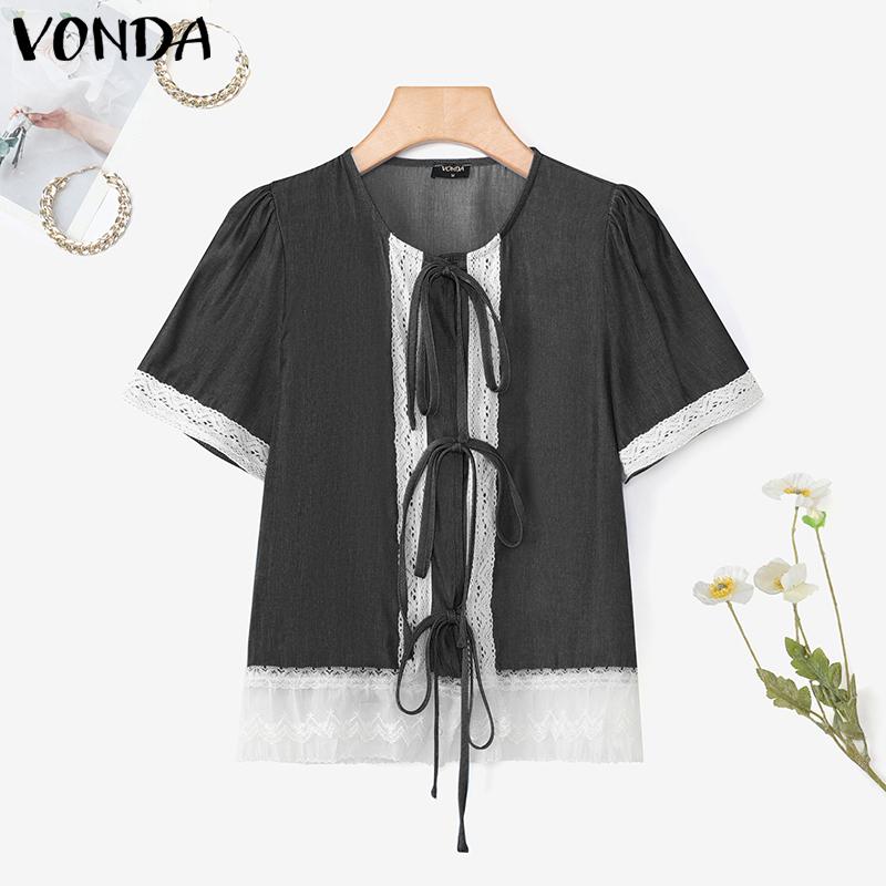 VONDA Women Casual Short Sleeve Lace Patchwork Bow Knot Cropped Blouse