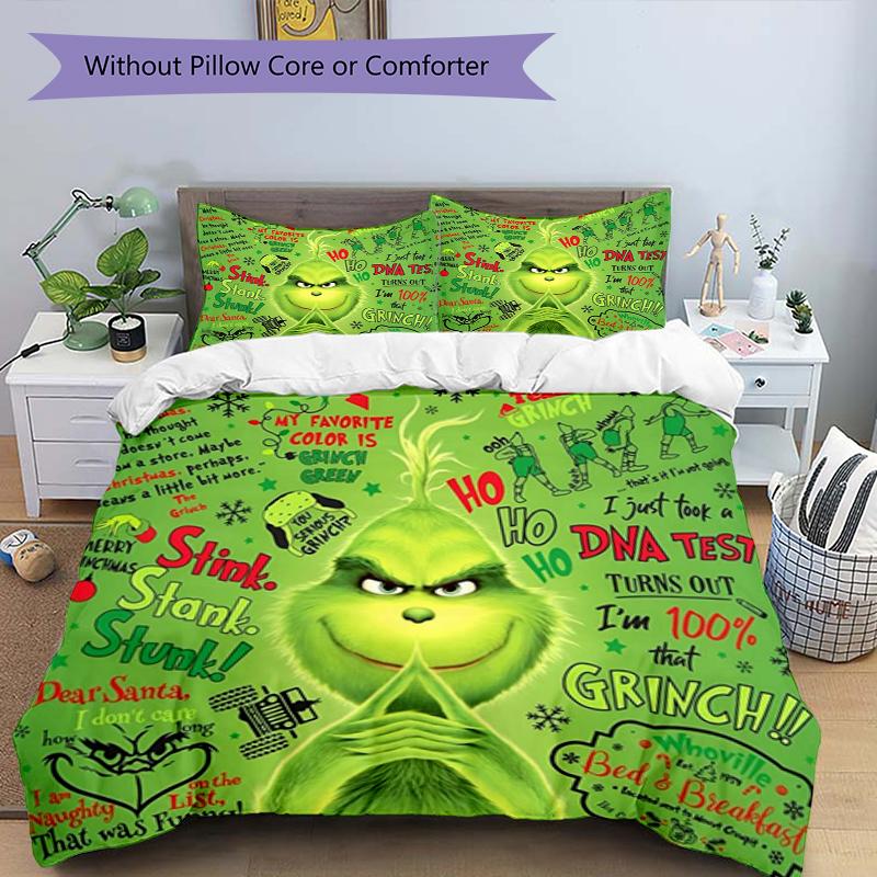 Grinch Humor Design Bed Bedding Set 1 Duvet Cover + 2 Pillowcases Soft Breathable Household Bed Linens