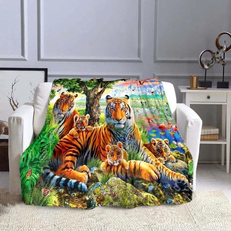 3D Print Tiger Wild Animal Pattern Flannel Blanket Bed Cover for Sofa Soft Adult Warm Throw Blanket Travel Throw Blanket
