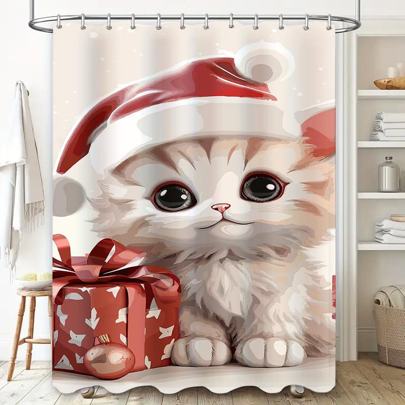 Tuniu Cute Kitten Christmas Bathroom Shower Curtain Festive Holiday Decor Fun Pet Lover Gift Set