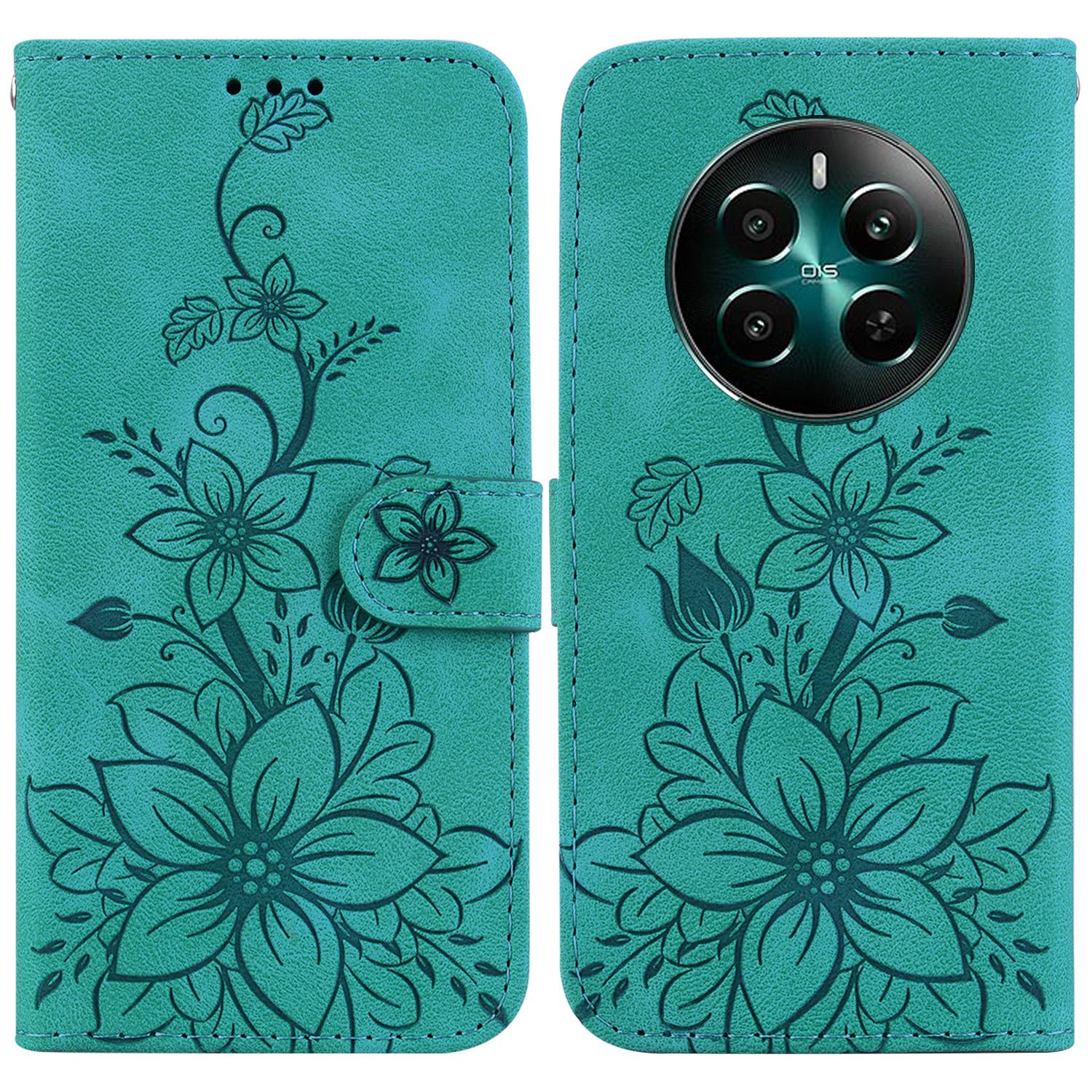 

For Realme 12 4G/12+ 5G/Narzo 70 Pro 5G Case PU Leather Card Holder Flower Imprinted Phone Cover Green
