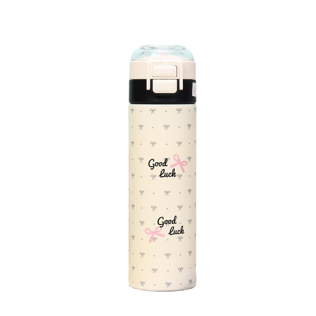 Water Bottle Cute Student Cartoon Thermos Cup Portable School Water Cup Simple Stainless Steel Elastic Cover Double Drinking Straw Cup
