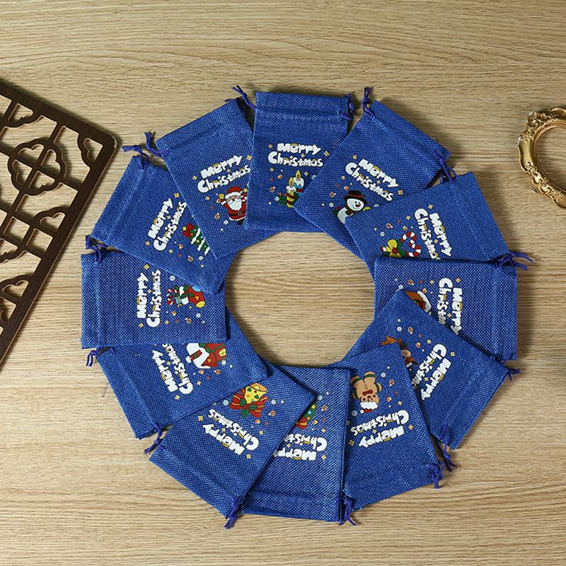 Jul-färgad linneväska med dragsko Julgodis Kaka Presentförpackningspåse Tecknad Jul Älg Smycken Present Förvaringspåse
