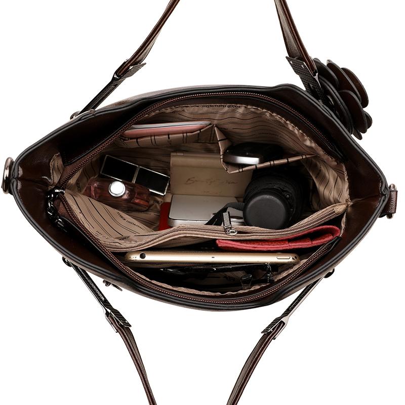 Retro PU Leather Handbags for Women Flower Decor Women's Shoulder Bag Leather Tote Bag