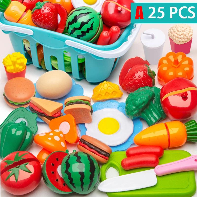 Non-Toxic Educational Toy Plastic Kitchen Toy Set Cut Fruit Vegetable Pizza Food Play House Simulation Toys Pretend Play Kids Toys Gifts