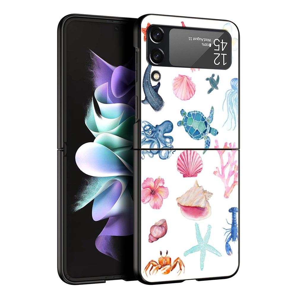 Phone Case for Samsung Galaxy Z Flip 3 4 5 6 7 Folding Black Shell For Samsung Z Flip4 Flip5 PC Hard Cover Ocean Life Theme