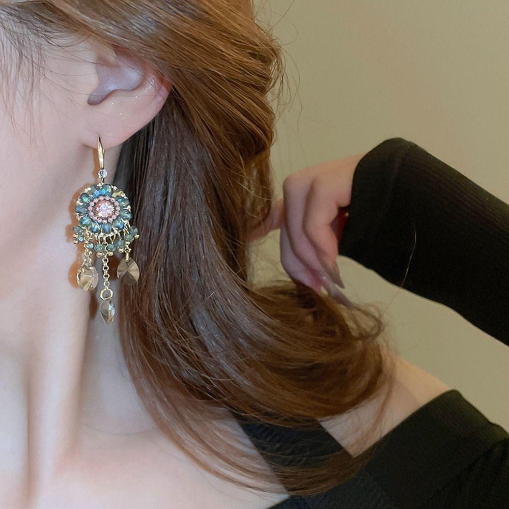 Flower Rhinestone Drop Earrings Pendant Vintage Long Earrings Trendy Crystal Stud Earrings  Party