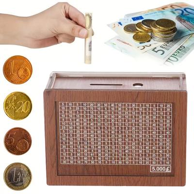 Boîte à économie d'argent en bois Boîte Défi d'épargne avec objectif d'argent et chiffres Tirelire avec stylo effaçable à sec pour enfants Adultes