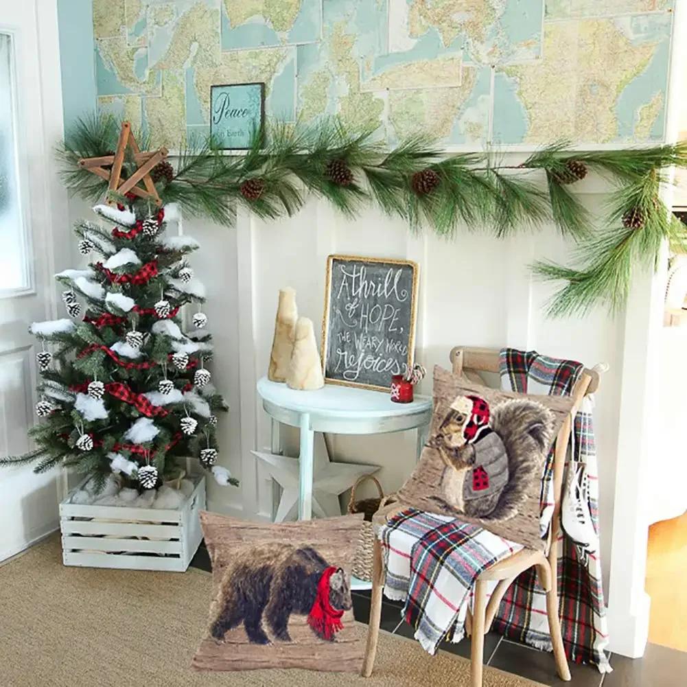 Winter Decoration Squirrel Elk Bear Printed Linen Pillowcase Sofa Cushion Cover Home Decoration Can Be For You