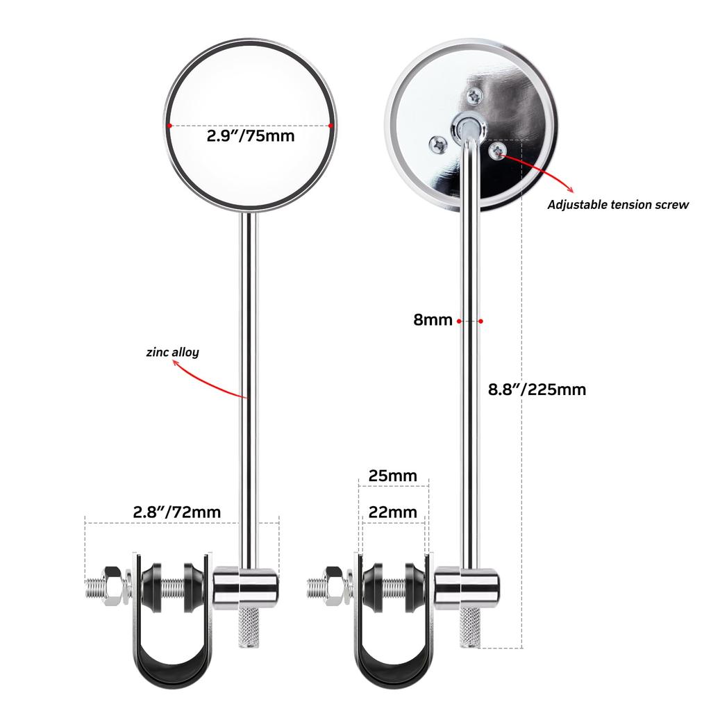 WTZMOTO Universal Mini Round Mirrors with Fits Diameter Compatible with Harley and Scooter Clamp, 3-inch (8cm) 22.2mm/25.4mm Handlebars, SR400,