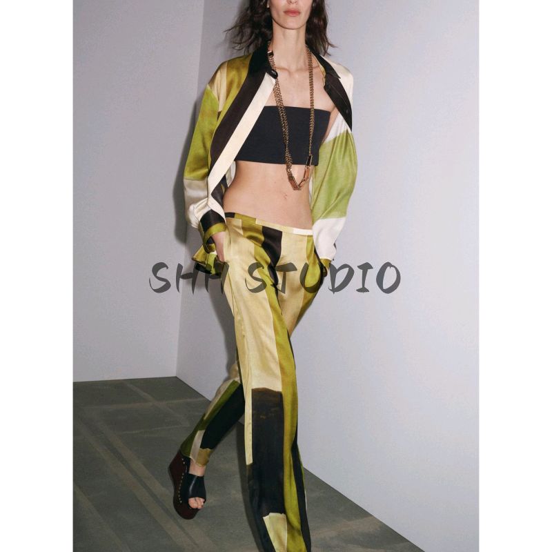 Summer New Long sleeve Lapel Print Shirts 9063816 Mid-Waist Silk Satin Texture Printed Pants 9064816