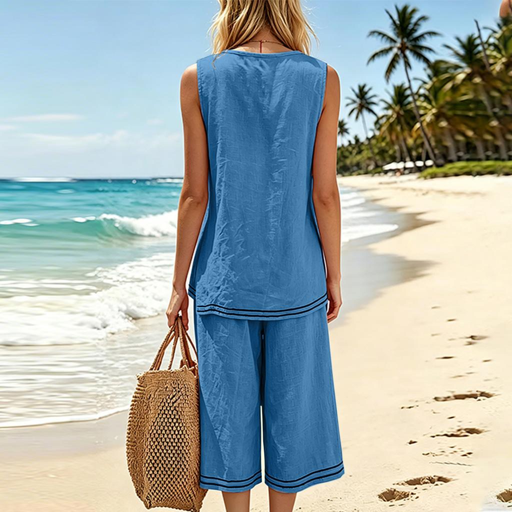 Women Sleeveless Button Decor Top with Side Slits and Mid-Length Loose Fit Pants Two-Piece Set Casual Summer Outfit Linen Blend