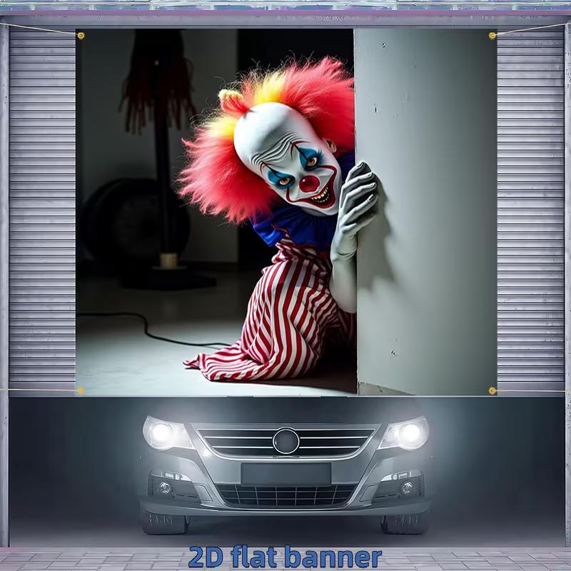 2D Creepy Killer Clown Banner, Spooky Halloween Garage Door Background