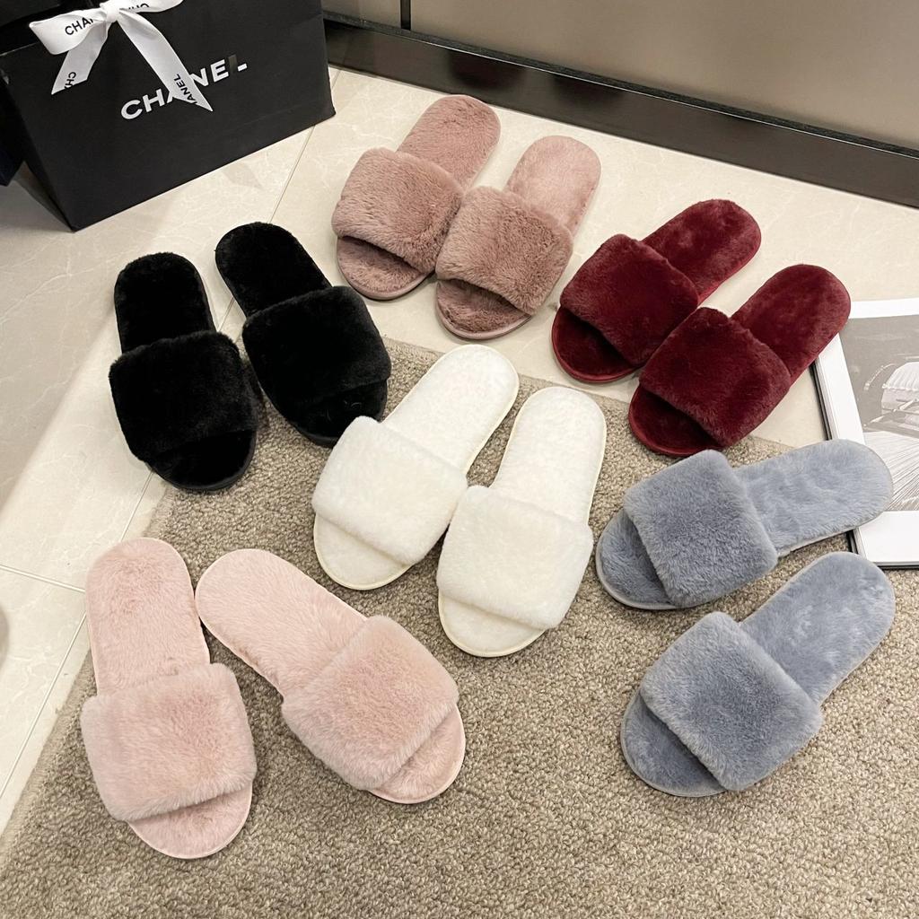 2025 Autumn and Winter New Versatile Fluffy Slippers Women's Home Flat Bottom Warm One-word Slippers Fashion Cotton Slippers