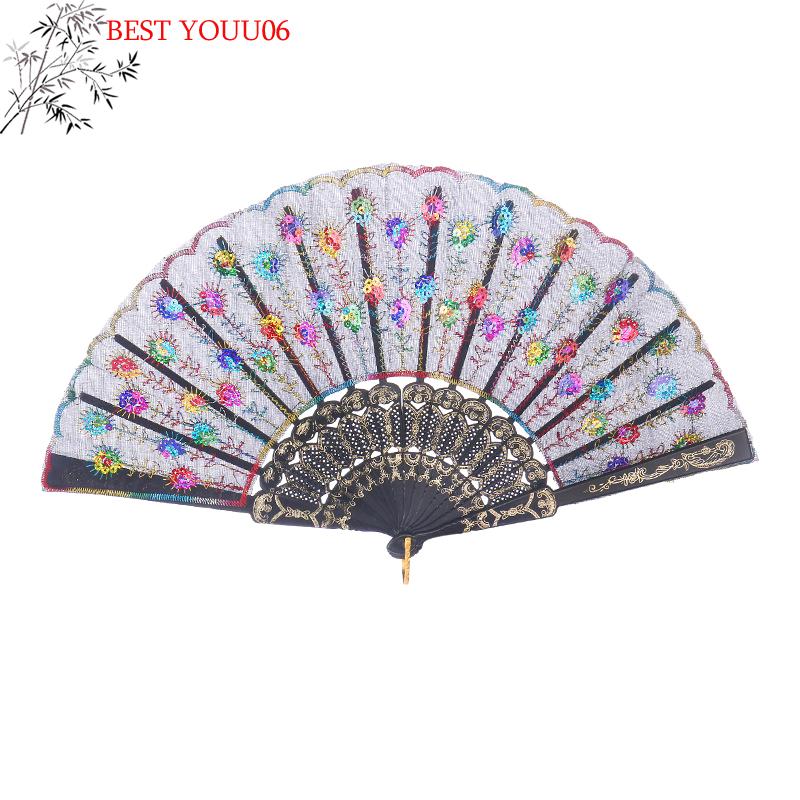 Hot Lace Silk Folding Hand Solid Color Hollow Lace Women Hand Held Flower Fan Folding Wedding Fan Festival Gift Decor Spanish St