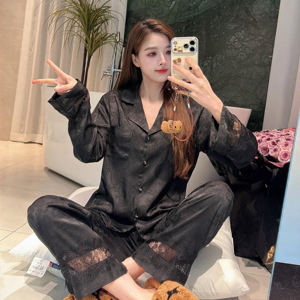 Spring Pajamas Women's Ice Silk Thin Long-sleeved Trousers Hollow Lace Loungewear Suit Women's High-end Cardigan Lapel