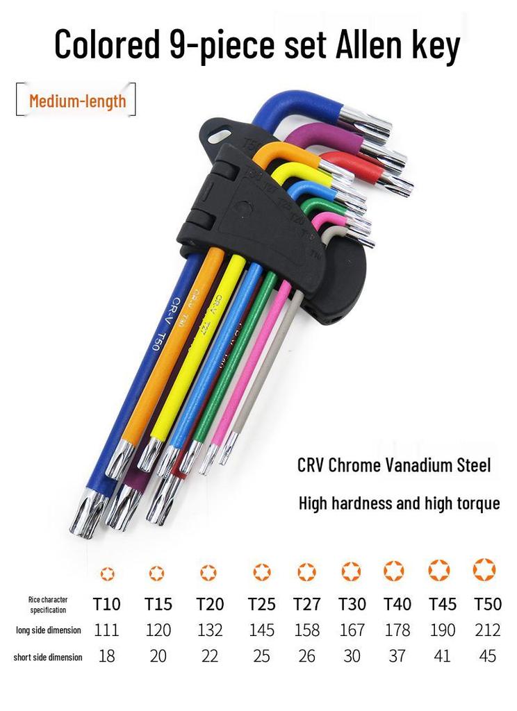 Industrial Color Hex Wrench Set: Chrome Vanadium Ball Head, Torx, Phillips, Star, Medium-Long, Foldable, Multi-Purpose.