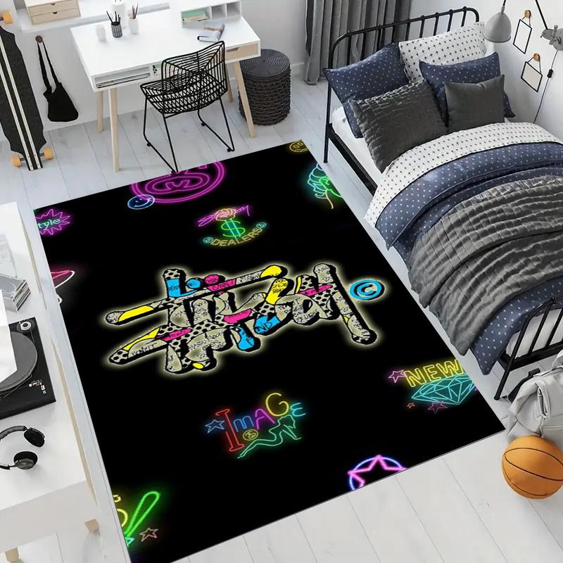 Bright Yellow Splash Ink Graffiti Logo Area Rug Non Slip Mat, Black Spray Paint Street Text Print Carpet for Game Room Decor