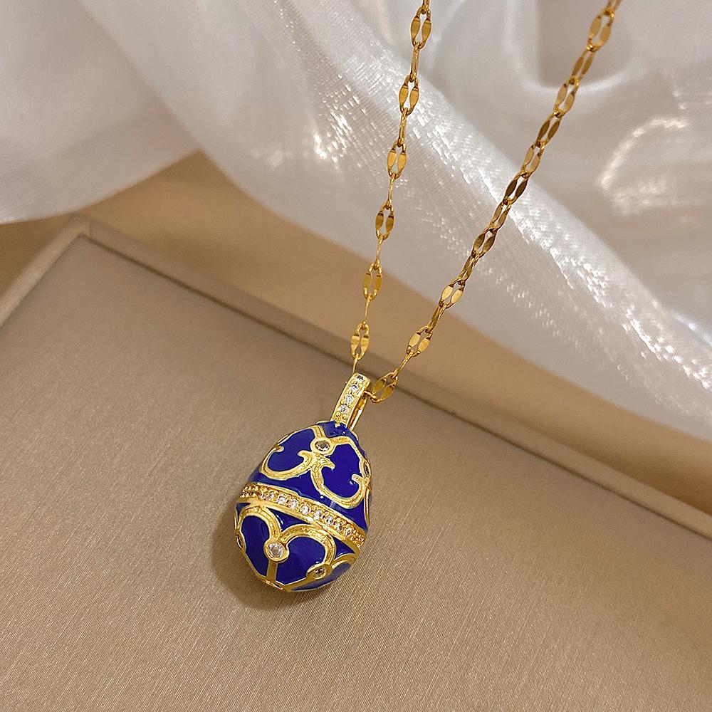 AENSOA Bunte Emaille Ostereier Anhänger Halsketten für Frauen Guilloche Medaillon Ei Strassstein Charm Halskette Gold Farbe Schmuck