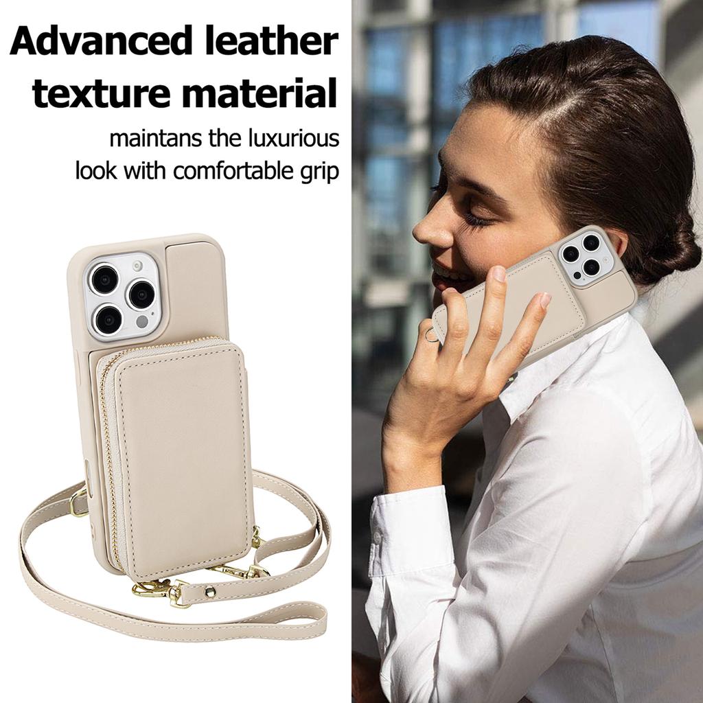 For iPhone 16 Pro Case RFID Blocking Zipper Wallet Leather + TPU Phone Cover with Shoulder Strap