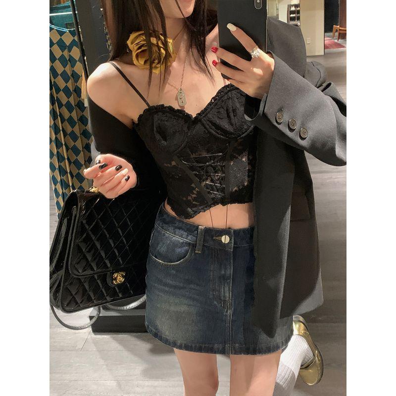 

District Ouyang Fishbone White Lace Camisole Women s Spring New Arrival Short Inner Wear Sexy Silm Tops Black(In stock) L