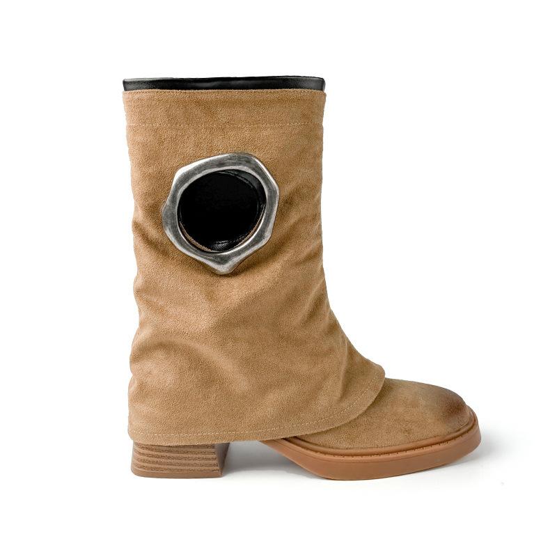 Cowhide version retro suede versatile leather Martin short boots women's autumn new niche metal buckle western cowboy boots